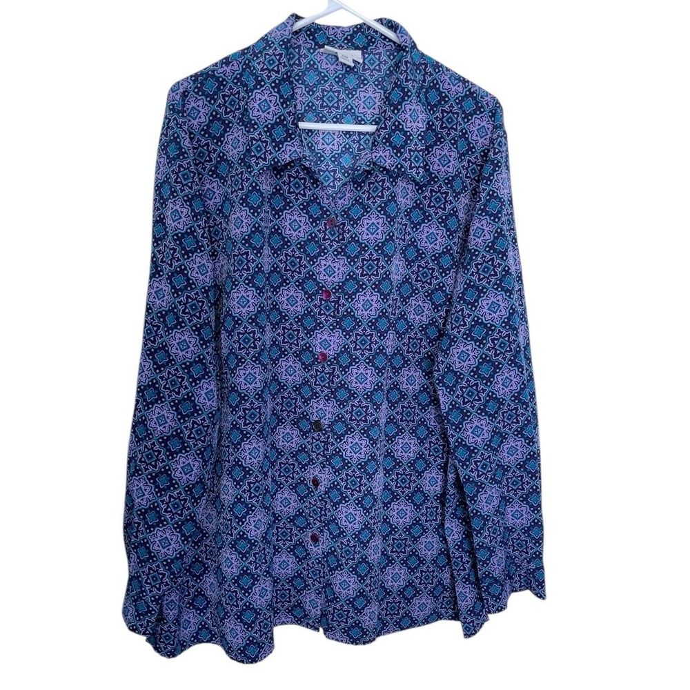 The Tog Shop 24W Purple Medallion Button Up Long Sleeve‎ Blouse Geometric Boho